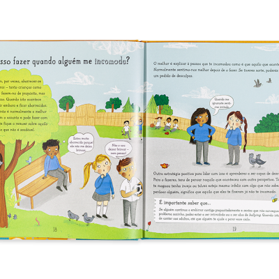 Página de livro infantil em português com ilustrações de crianças e texto sobre como agir quando alguém incomoda.