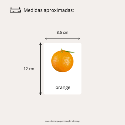 Cartão didático com imagem de uma laranja realista e medidas indicadas