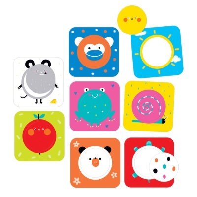 Oito peças quadradas coloridas com personagens infantis como rato, urso, sol, tomate, sapo, caracol, urso polar e tartarugas.