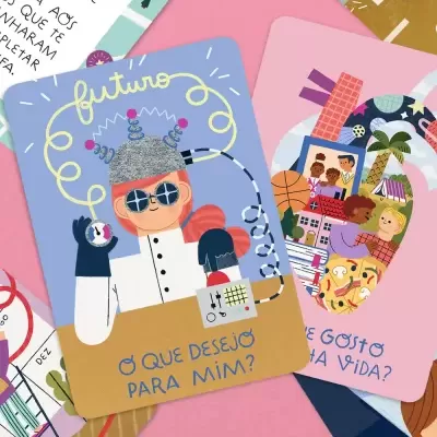 Cartas ilustradas coloridas sobre fundo rosa com textos em português