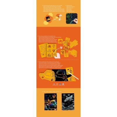 Material para atividades criativas com desenhos de carros e padrões para colorir em fundo laranja.