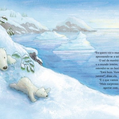 Ilustração de urso polar e cenário ártico com texto em português