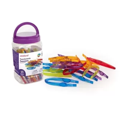 Frasco plástico com pinças translúcidas coloridas Miniland