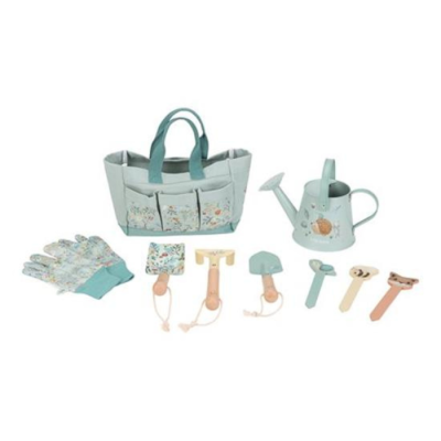 Conjunto de jardinagem infantil com bolsa, regador, luvas e mini ferramentas em azul e cinza