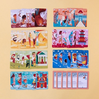 Cartas ilustradas com temas culturais e cartas de texto com título SAPIENS