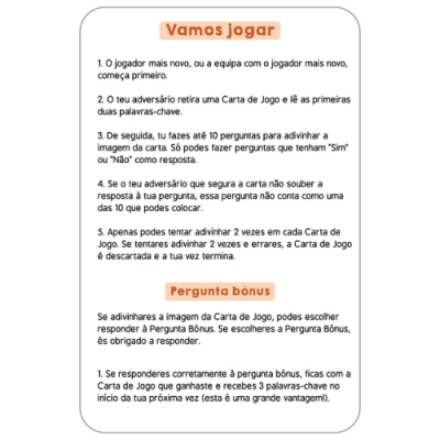Carta de instruções do jogo 'Vamos jogar' com regras escritas em português europeu.
