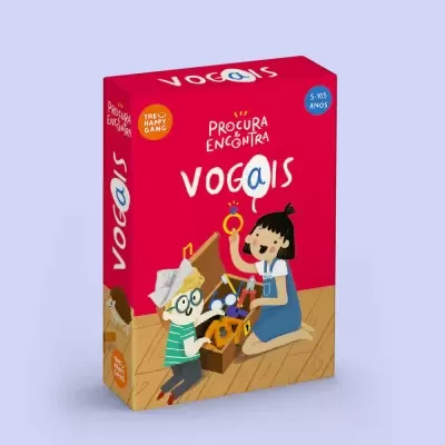 Caixa vermelha de jogo educativo com ilustração de crianças e texto PROCURA ENCONTRA VOCAIS