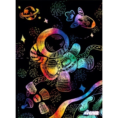 Ilustração colorida de um astronauta no espaço com planetas e estrela com texto AVENIR