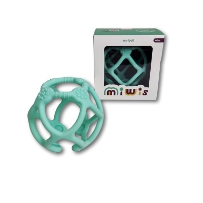 Bola azul turquesa de brinquedo com embalagem branca e texto miwis