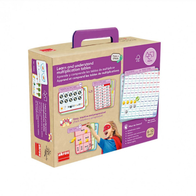 Conjunto educativo de tabelas de multiplicação com embalagem em castanho, roxo e branco