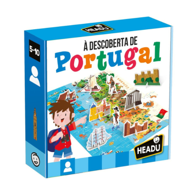 Caixa de jogo À Descoberta de Portugal com ilustrações coloridas e marca HEADU