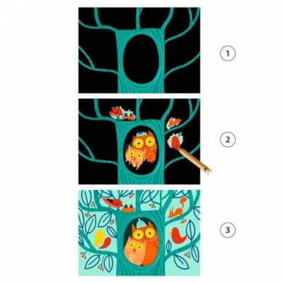 Ilustração em três etapas de uma árvore com corujas e pássaros coloridos.