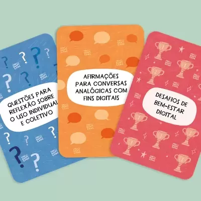 Três cartas coloridas com textos em português sobre reflexão e bem-estar digital