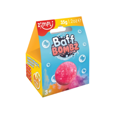 Caixa Zimpli Baff Bombz azul e amarela com bomba de banho cor rosa