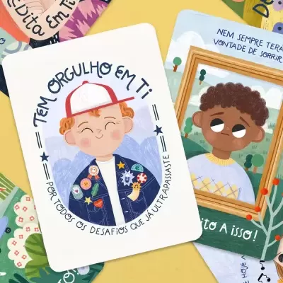 Cartas ilustradas com crianças e frases motivacionais em português sobre fundo amarelo.