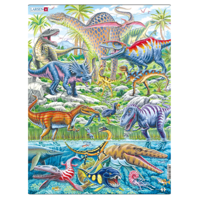 Puzzle ilustrado com dinossauros terrestres e marinhos coloridos em ambiente natural