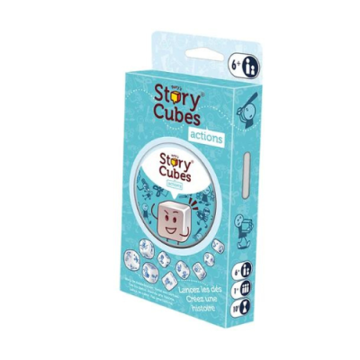 Embalagem azul do jogo Story Cubes actions com dados ilustrados para crianças a partir de 6 anos.