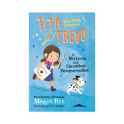 Capa de livro infantil Tita e Trevo com menina e cão dálmata em fundo azul