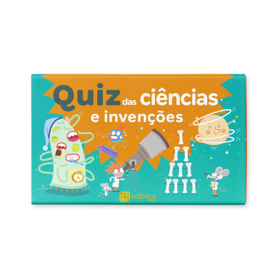 Caixa colorida de quiz educativo sobre ciências e invenções com ilustrações divertidas