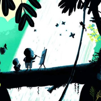 Ilustração digital de uma floresta com árvores, plantas, duas silhuetas humanas pequenas e borboletas a voar.