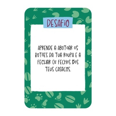Cartão de desafio com texto em português para aprender a abotoar botões e fechar fechos