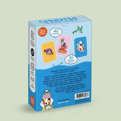 Caixa de jogo de cartas azul claro com ilustrações e texto em português