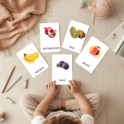 Cartas educativas com frutas em inglês sobre chão claro, mãos de criança a tocar uma carta.