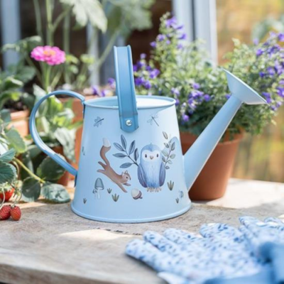 Regador azul claro decorado com coruja e esquilo, luvas de jardinagem e plantas em fundo