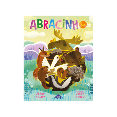 Capa de livro infantil colorida com vários animais a abraçar num campo