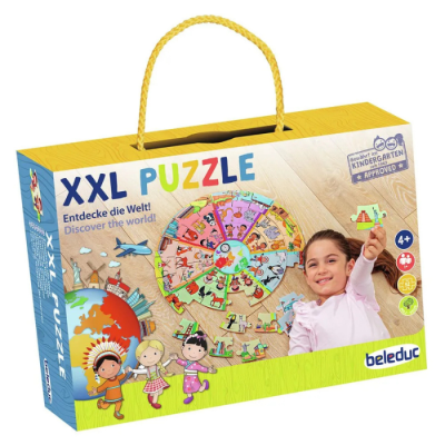 Caixa de puzzle XXL colorido com tema cultural e educativo, com alça amarela