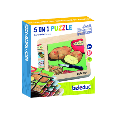 Caixa de puzzle Beleduc 5 em 1 com batatas e texto '5 IN 1 PUZZLE Kartoffel Potato'