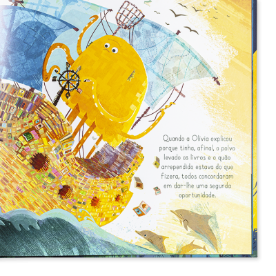 Página de livro infantil com ilustração de polvo amarelo num barco de mosaico e texto em português.