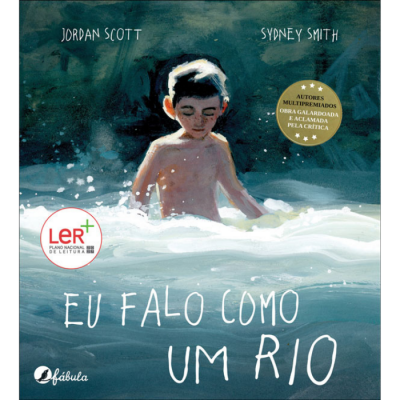 Capa de livro com menino em água e texto EU FALO COMO UM RIO