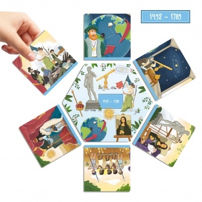 Cartas ilustradas coloridas de jogo histórico com texto '1492 - 1789'