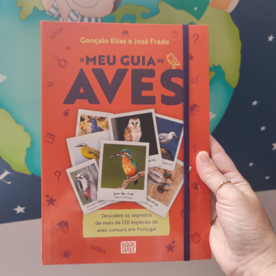 Capa de livro laranja com imagens de aves e texto em português sobre guia de aves