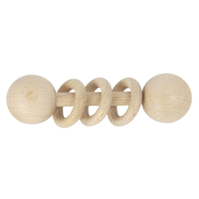 Brinquedo de madeira natural com duas bolas e três argolas