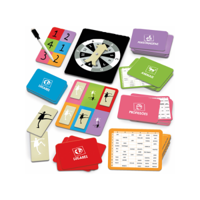 Jogo de tabuleiro com cartas coloridas e tabuleiro central com ponteiros e silhuetas de dançarinas