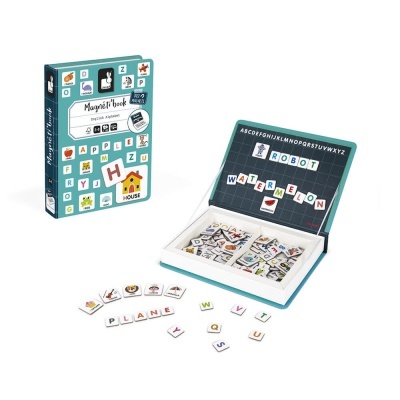 Jogo de letras magnéticas com caixa estilo livro aberta e peças para formar palavras