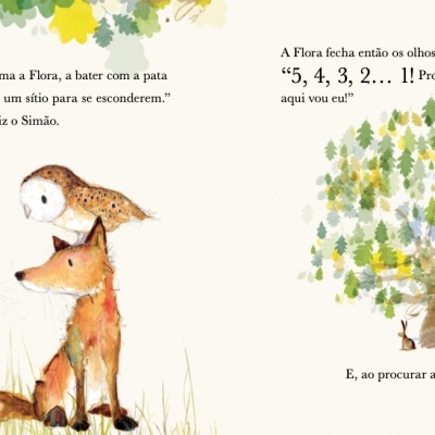 Ilustração de livro infantil com animais da floresta e texto em português europeu