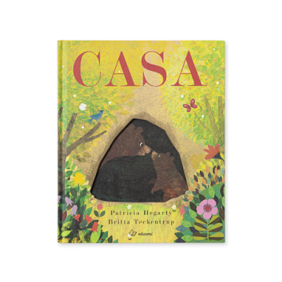 Livro infantil 'CASA' com capa dura ilustrada de duas ursas castanhas num buraco de árvore e flores coloridas