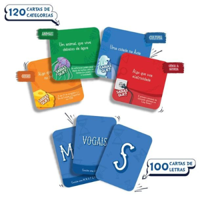 Conjunto de cartas coloridas para jogo em português mostrando categorias e letras