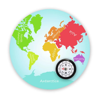 Mapa colorido do mundo com bússola na Antártida