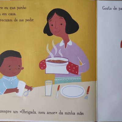 Ilustração colorida de mulher e criança à mesa com texto em português