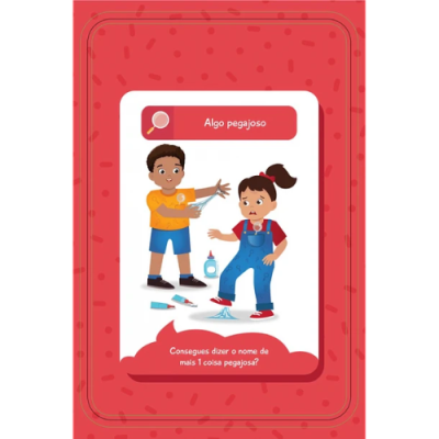 Cartão educativo com ilustração de crianças e cola pegajosa