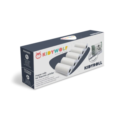 Caixa com seis rolos de papel térmico para impressora KIDYWOLF
