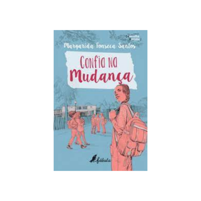Capa de livro 'Confia na Mudança' com ilustração de pessoas e edifícios em tons de azul e rosa