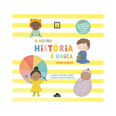 Capa de livro infantil com bebés ilustrados e texto em cores vivas em fundo branco às riscas amarelas