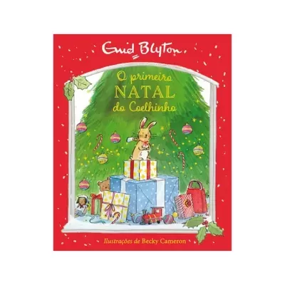 Capa de livro infantil 'O primeiro NATAL do Coelhinho' com ilustração de coelho e presentes