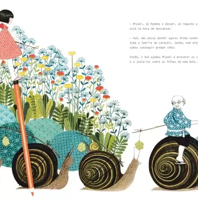 Ilustração de menina em pernas de pau e rapaz com óculos sentados em caracóis cercados por flores