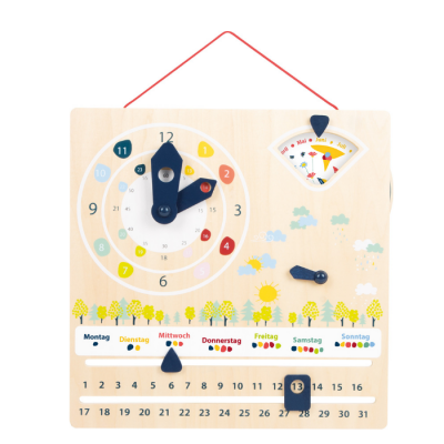 Relógio/calendário de madeira colorido com ponteiros móveis e indicadores de dias da semana em alemão.